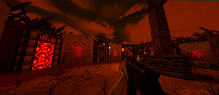 Hollowborn: a dark red hall with a lava portal and a held weapon