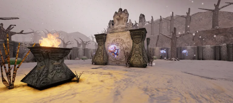 Hollowborn: a snowy courtyard with a flaming brazier and stone gateway