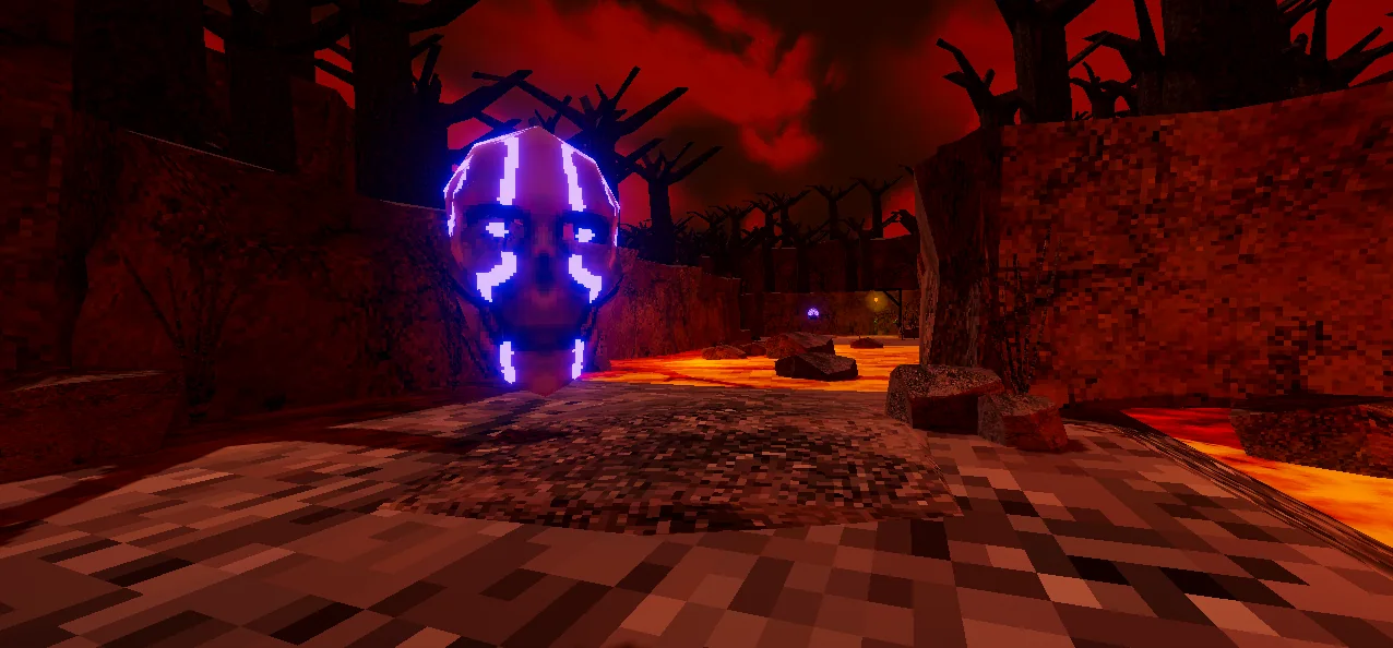 Hollowborn: a glowing purple skull enemy in a lava-lit cavern