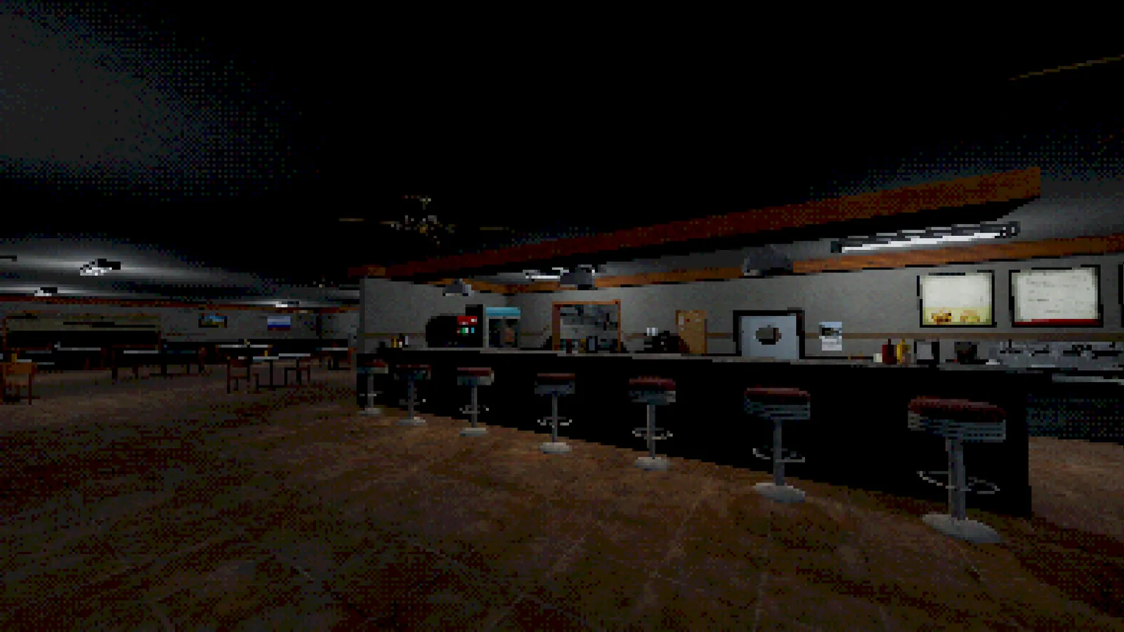 Lakefront Restaurant: the dim interior bar with stools along the counter