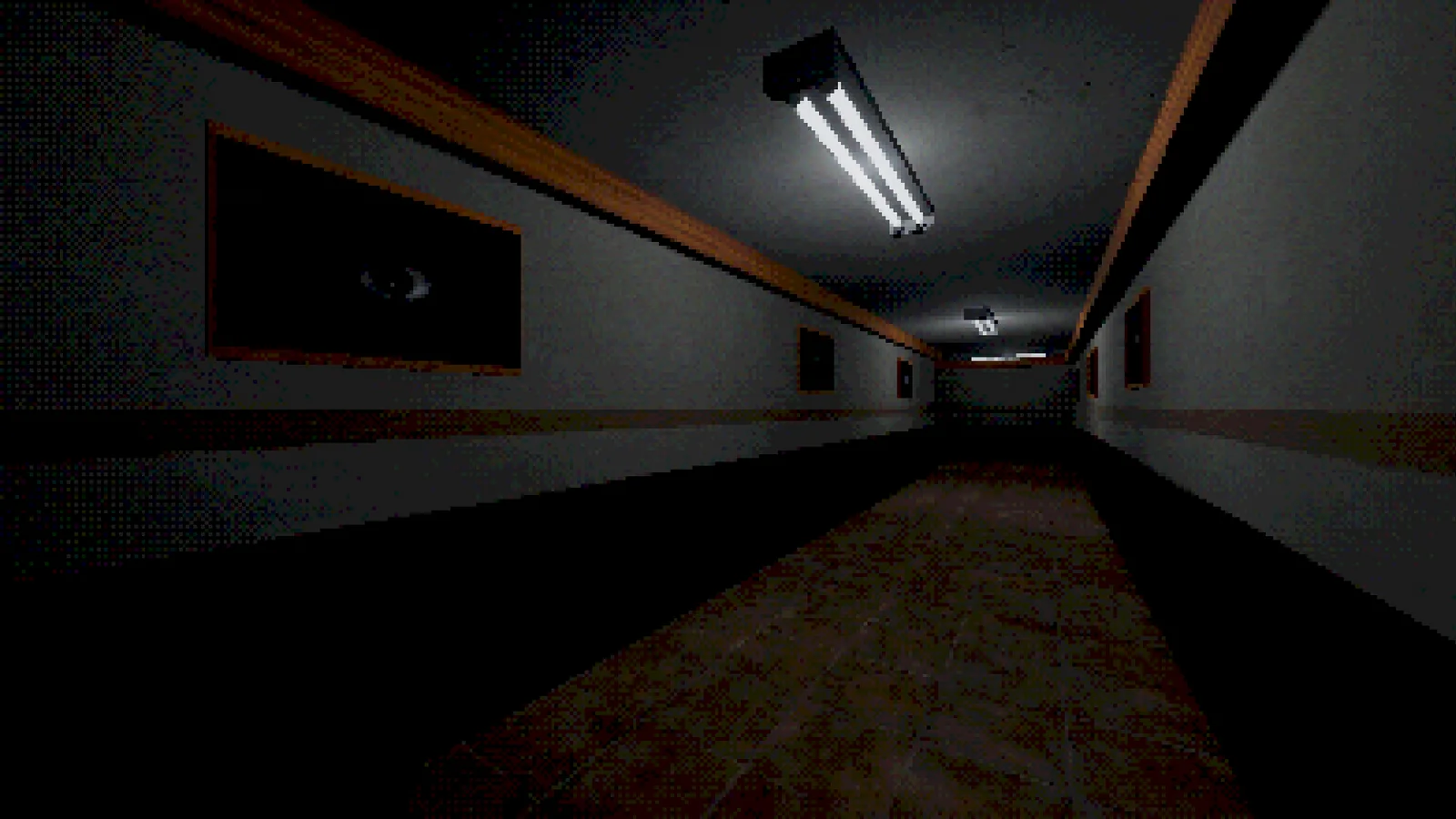 Lakefront Restaurant: a long dark hallway lit by one fluorescent light