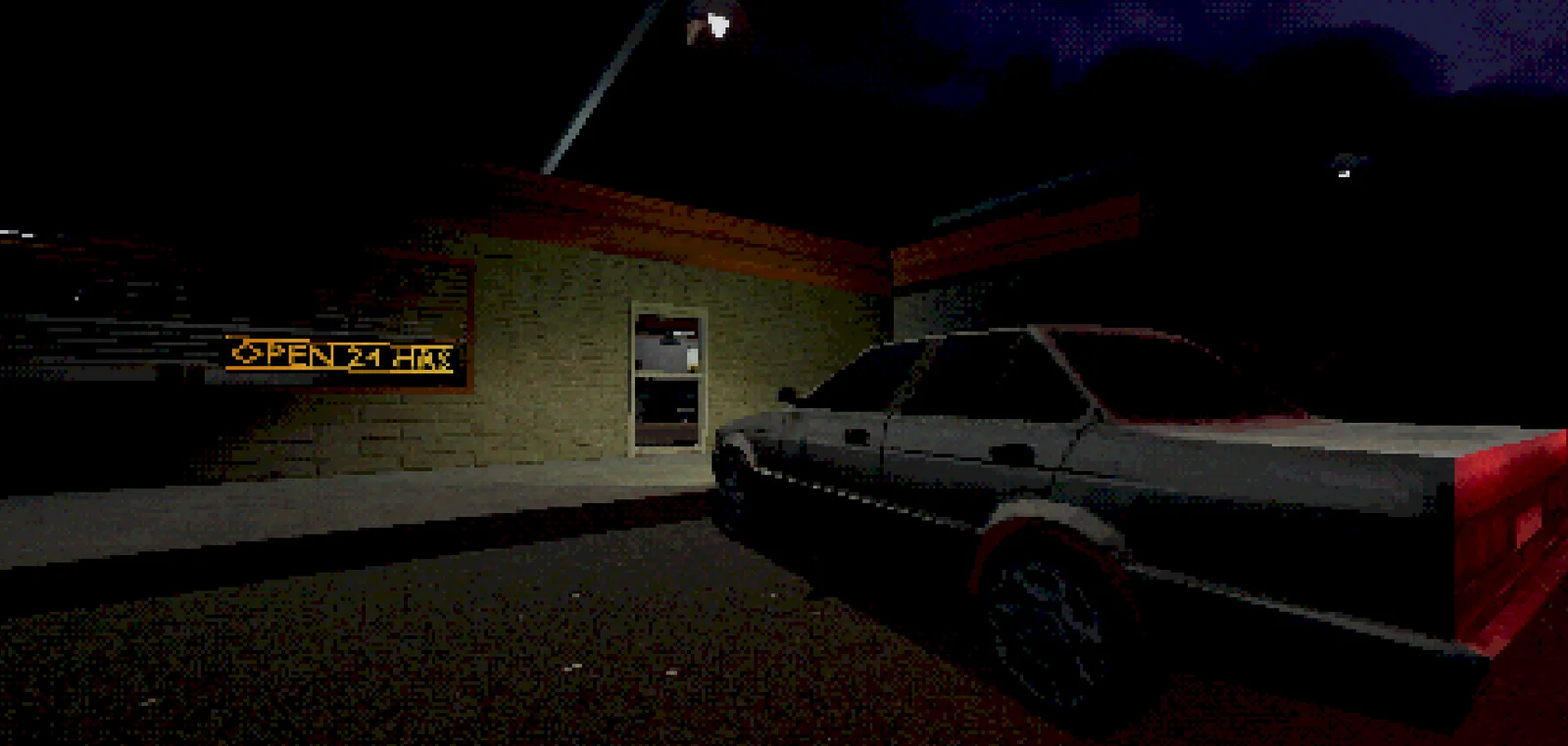 Lakefront Restaurant: a parked car outside the restaurant at night