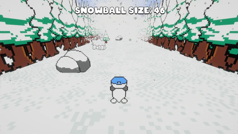 Penguin Game: a penguin pushing a growing snowball down a snowy path