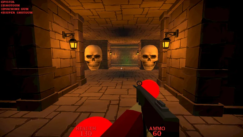 Riverwood: a stone corridor with lanterns and skulls, with health and ammo on the HUD