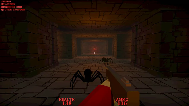 Riverwood: a dark dungeon hall with a spider enemy ahead