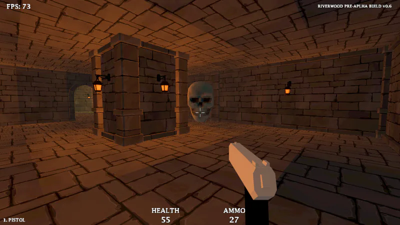 Riverwood: a dark dungeon hall with a spider enemy ahead