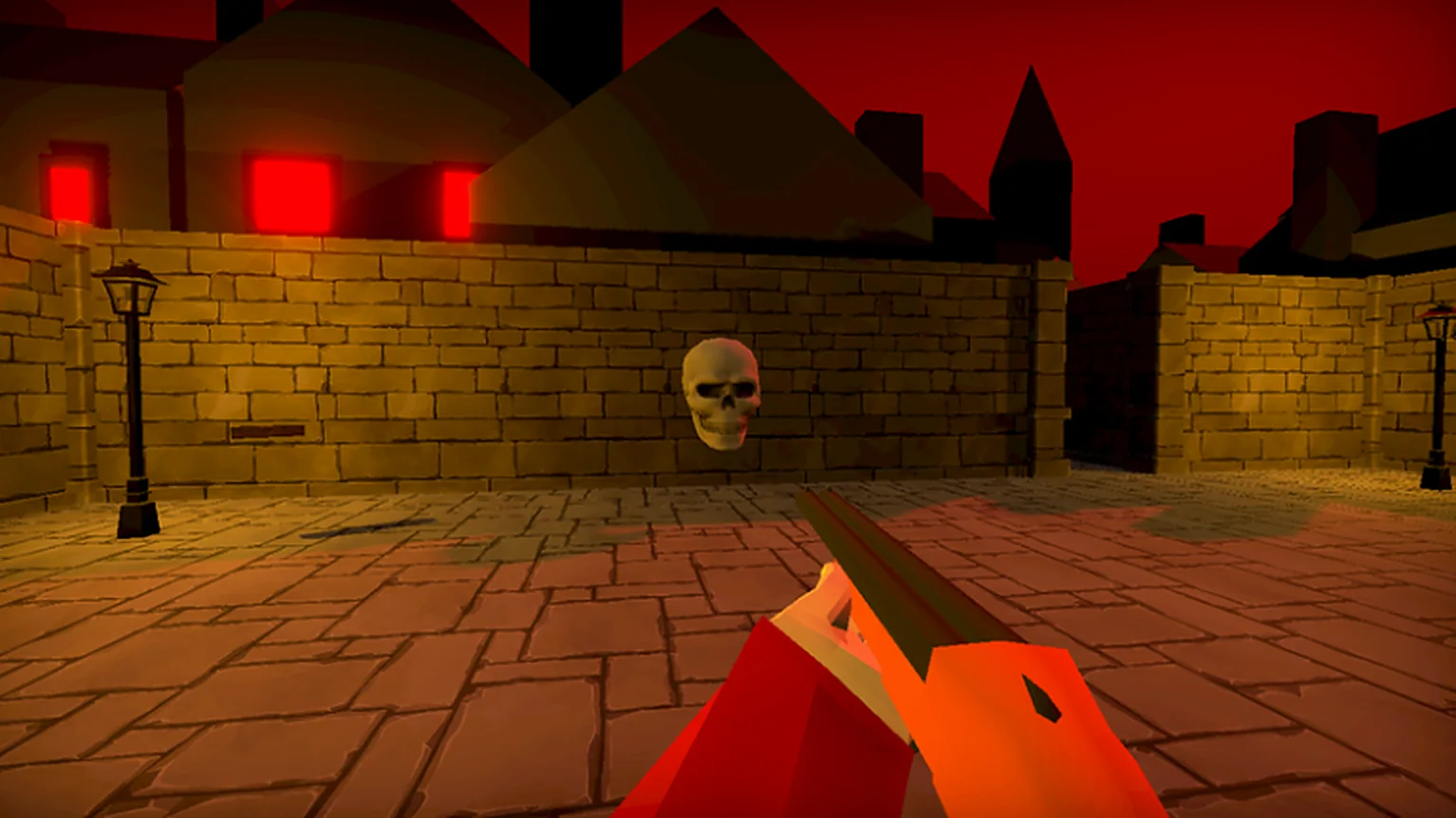 Riverwood: a red-skied town street with a skull on the wall
